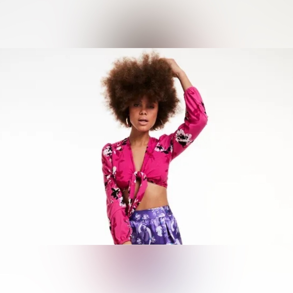 Bar III Floral Pink Women's Tie Front Top. Size-Medium